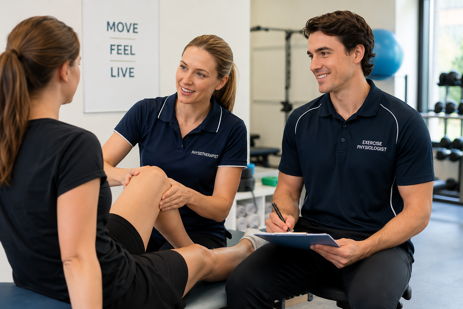 Two allied health practitioners working with a client — physiotherapist and exercise physiologist side by side